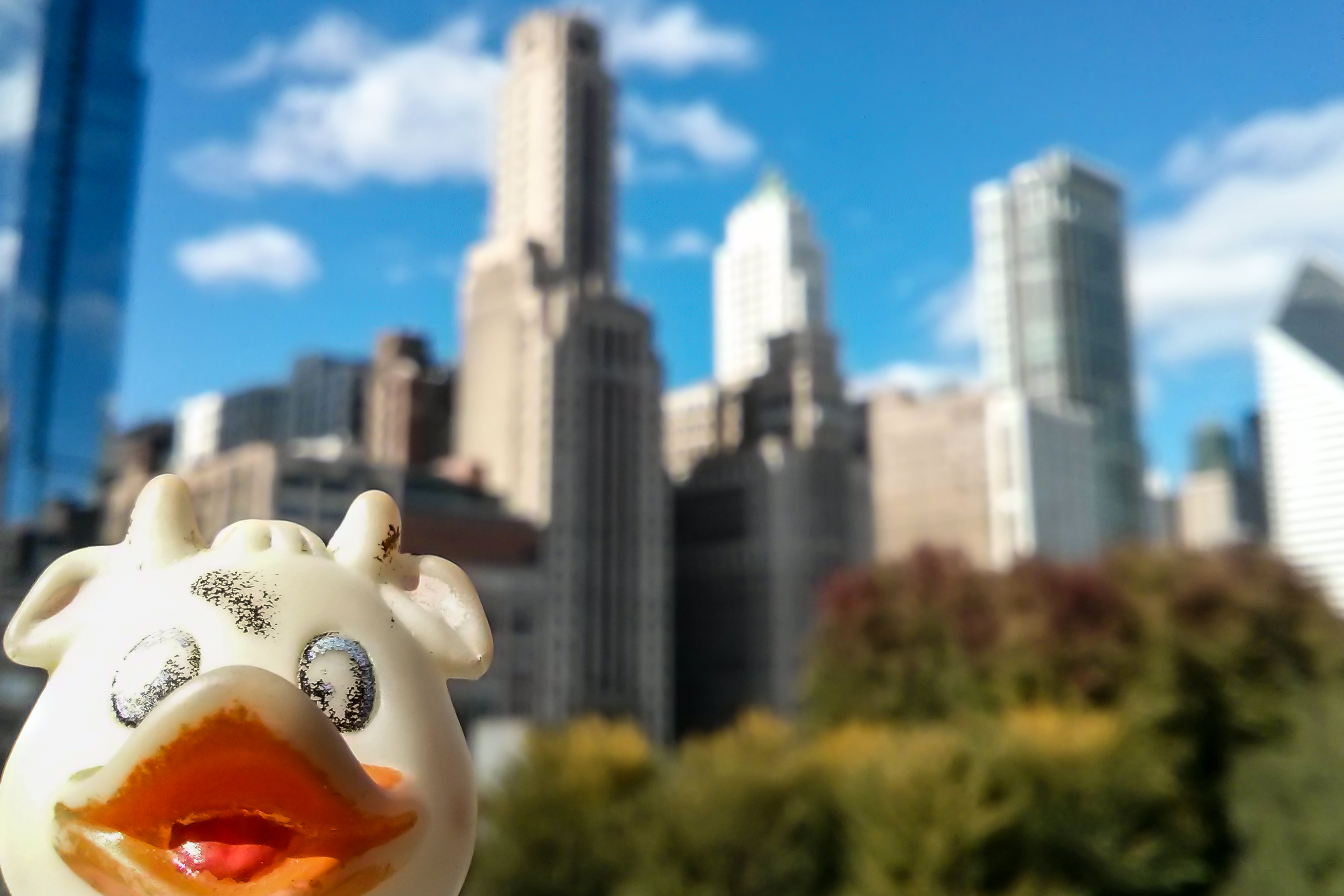 Bella the duck on the bridge overlooking Millennium Park, Chicago